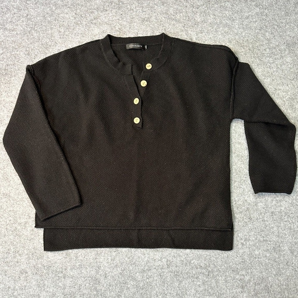Merokeety Button Knit Sweater Womens M Black V Neck Textured Side Slit
